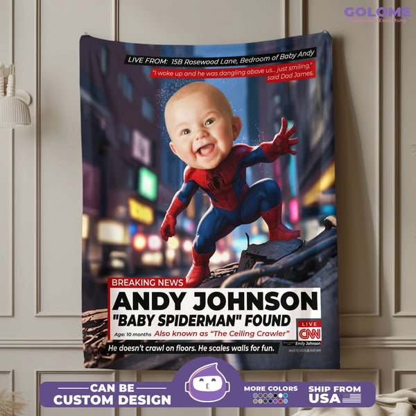 Personalized Baby Spiderman Blanket – Custom CNN News Style with Photo & Superhero Quote